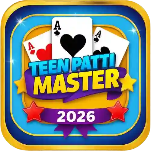 TP Master APK Download 2026 banner with Teen Patti cards, gaming stars, gold frame, and colorful casino-style app logo.